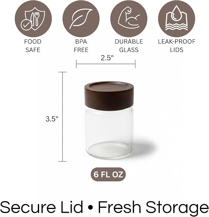 Wide Mouth Glass Storage Jars With 2.5" Acacia Wood Lids - 6 Pack of 6 Oz Food Storage Containers - Borosilicate Glass Canisters Sets For Kitchen - Pantry Organizers and Storage for Flour Rice Coffee