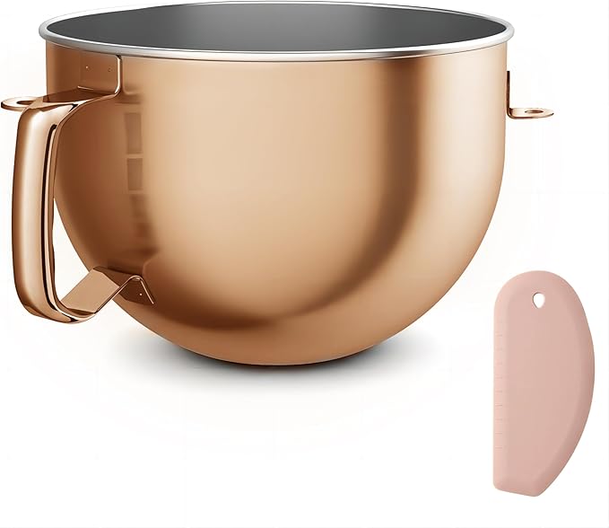 Copper Color Stainless Steel 6 Quart Mixing Bowl for Kitchen Aid Professional Bowl Lift Stand Mixer, Heavy Duty Extra Mixer Bowl fits KP26, KB26, Dishwasher Safe, Ergonomic Handle, Silicone Scraper