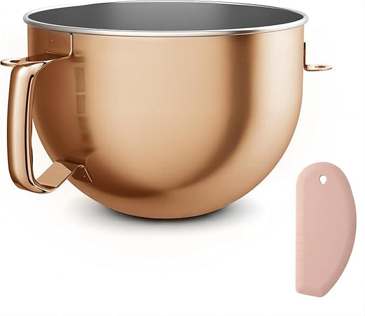 Copper Color Stainless Steel 6 Quart Mixing Bowl for Kitchen Aid Professional Bowl Lift Stand Mixer, Heavy Duty Extra Mixer Bowl fits KP26, KB26, Dishwasher Safe, Ergonomic Handle, Silicone Scraper