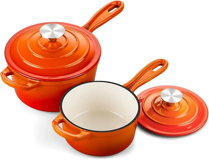 Onader Saucepan Set with Lid, 1QT & 2QT Small Enameled Cast Iron Pot Sets for Cooking, Nonstick Sauce Pan Dutch Oven, Induction Compatible, Heavy Duty – Sunset Orange