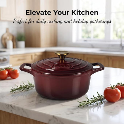 La Cuisine Enameled Cast Iron Dutch Oven Casserole Dish Pot with Lid, 2.1 QT 7.9“ /20cm Dia. Internal Matt Black Enamel Coating, Gold-Plated SS Lid Handle Oven Safe up to 500° F, Cranberry