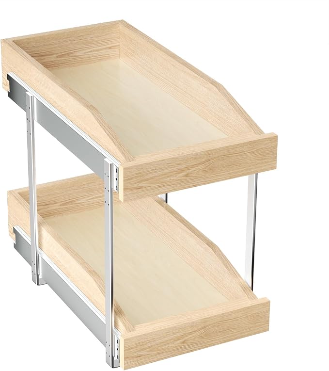 ROOMTEC 2 Tier Pull Out Cabinet Organizer, Double Tier Slide Out Wood Cabinet Organizer with U Bracket, Pull Out Drawers for Base Cabinet Organization in Kitchen, Pantry(10½"W x 21" D)