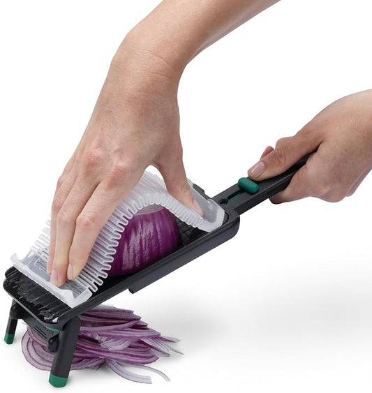 Dreamfarm Nocutu Handheld Safety Mandoline Slicer, Food Vegetable Cutter with Non-Slip Bowl Hook & Foot - Adjustable 1-3mm Slicer, Black/Green