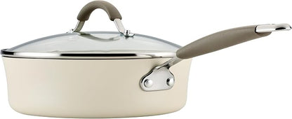 Rachael Ray Cucina Ceramic Nonstick Saute Pan with Lid, 3 Quart Non Stick Sauteuse Pan, Dishwasher Safe - Almond