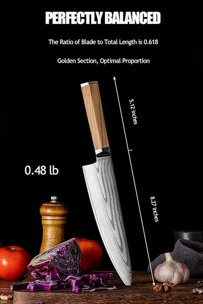 Damascus Japanese Chef Knife 8 Inch, Gyuto Knife 67 Layers VG-10 Damascus Knife, Full Tang Knife Italian Olive Wood Handle Japanese Knife