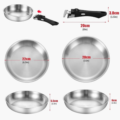 Inqibee Tri-Ply Stainless Steel Cookware Set with Removable Handle, Detachable Handle 8.5-11 Inch Frying Pan Set, Induction Kitchen Cooking Set for Home & RV Cooking, Dishwasher and Oven Safe