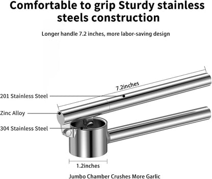 5-in-1 Stainless Steel Garlic Press Set with Large Chamber & Mincer - Heavy Duty Rustproof Garlic Crusher with Ergonomic Handle, Dishwasher Safe, Easy Squeeze Design for Ginger, Nuts, Herbs (Large)