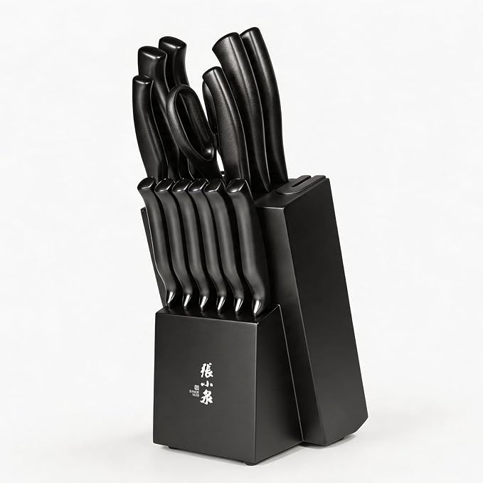 ZHANG XIAO QUAN 15-Piece Kitchen Knife Set with Block, High Carbon Stainless Steel, Ergonomic Hollow Handles, Durable Sharp Blades for Precision Cutting, Black