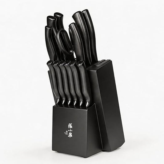 ZHANG XIAO QUAN 15-Piece Kitchen Knife Set with Block, High Carbon Stainless Steel, Ergonomic Hollow Handles, Durable Sharp Blades for Precision Cutting, Black