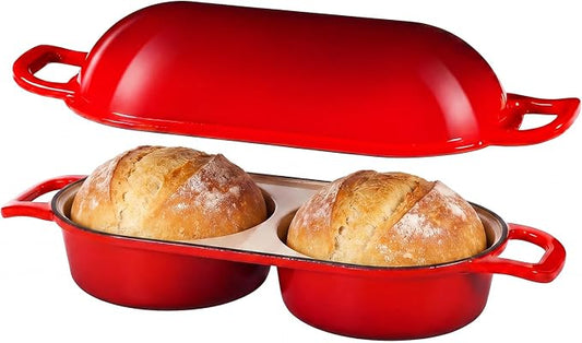 Enameled Cast Iron Dutch Oven Bread Baking, Sourdough Bread Pot with Lid, Double Round Nonstick Loaf Pan for Homemade Bread, Oven Safe to 500°F, 16.5cm Diameter, Red
