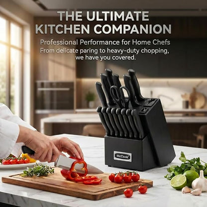 McCook® Premium Black Knife Sets,German Stainless Steel Kitchen Knives Block Set with Built-in Sharpener, 20-Piece Razor-Sharp Kitchen Knives with Ergonomic Handles, Elegant Box for Gift, Black
