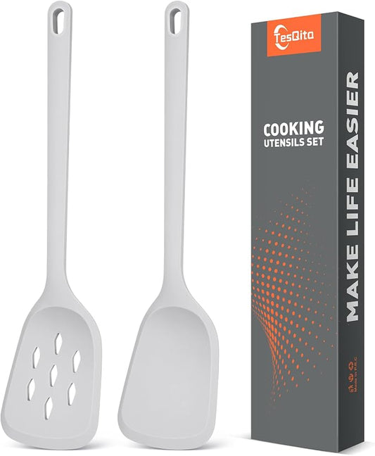 Silicone Cooking Spatula&Slotted Spatulas, Pack of 2,Solid Turner Kitchen Utensils Set for Cooking,Frying, Baking, Flipping, Turning,Heat Resistant 450℉ (GRAY)