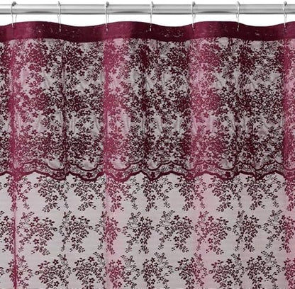 Burgundy Lace Shower Curtain 72x84, 84 Inches Long with Attached Valance