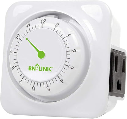 BN-LINK 12 Hour Indoor Mechanical Accurate Countdown Timer, 3-Prong Grounded Outlet, 15 Minute Increments, Energy Saving for Kitchen, Phone Charger, Lamps, Holiday Decoration 1875W, 1/2 HP, ETL Listed