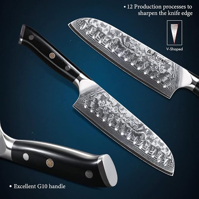 TURWHO Professional Santoku Knife 7 inch - Classic Damascus pattern Japanese VG-10 Steel Chef Knife