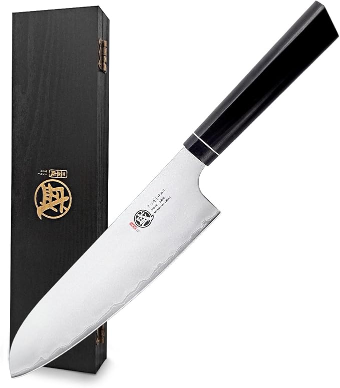 MITSUMOTO SAKARI Santoku Chef Knife 7 Inch, Japanese VG-10 Hand Forged Kitchen Knife for Meat & Vegetables, G10 Handle with Sandalwood Box