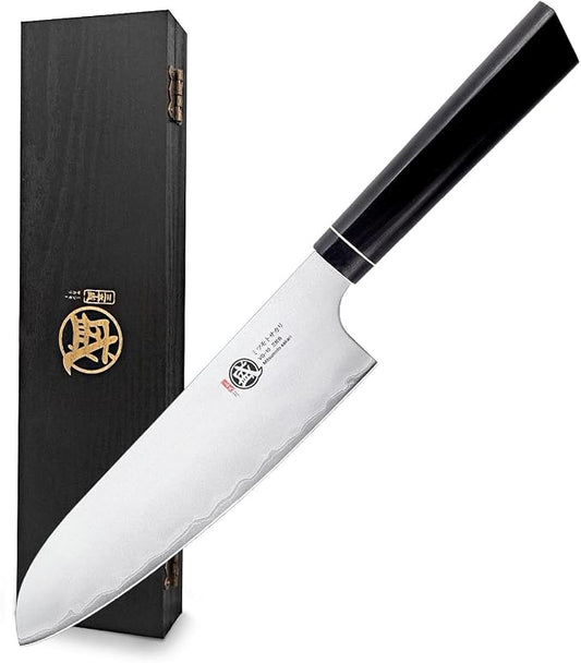MITSUMOTO SAKARI Santoku Chef Knife 7 Inch, Japanese VG-10 Hand Forged Kitchen Knife for Meat & Vegetables, G10 Handle with Sandalwood Box