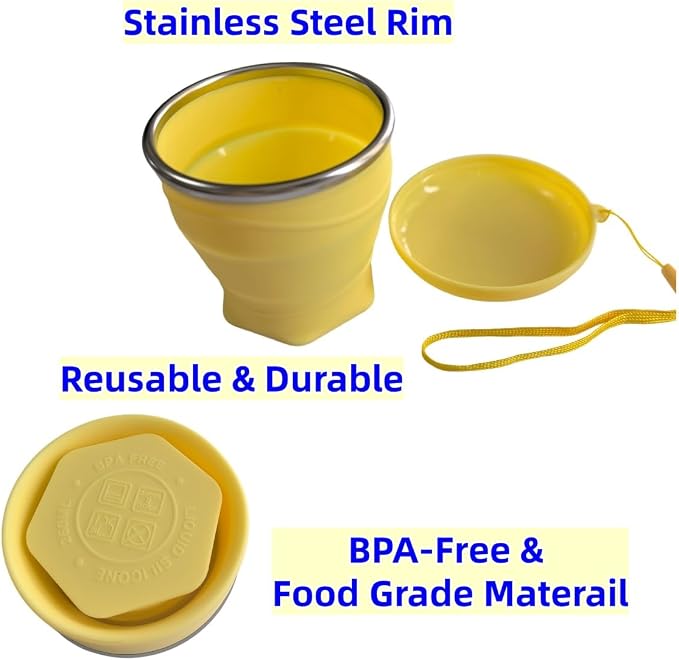 Collapsible Cup, 8.8oz 260ml Foldable Travel Mini Coffee Mug, BPA Free Silicone Water Cup and Lid with Stainless Steel Rim, Portable Pocket Cup for Outdoor, Hiking, Camping & Kids （Yellow）