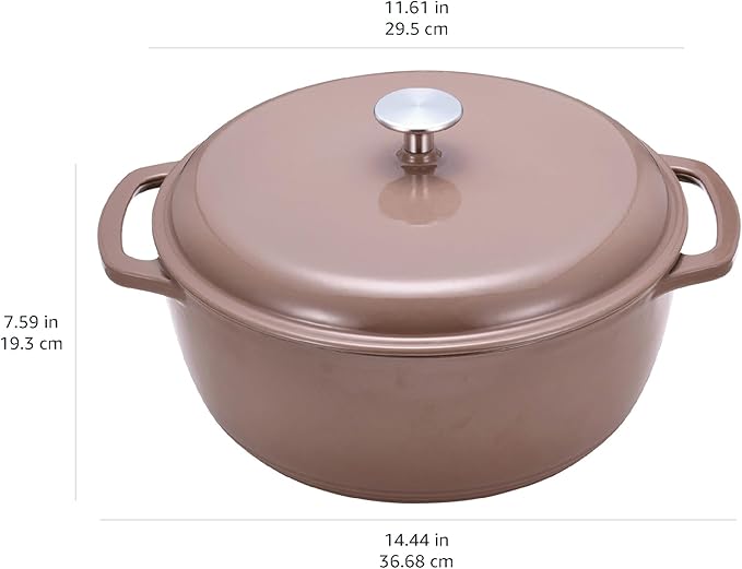 Amazon Basics Cast Iron Dutch Oven Pot with Lid, Enameled, Dual Handles, Heavy-Duty, Large, 7.3-quart, Clay