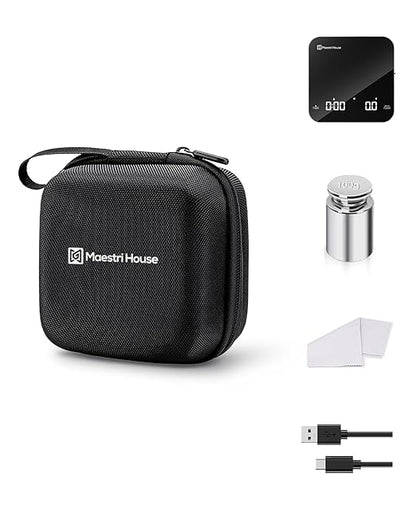 Maestri House S2 Espresso Coffee Scale with Timer, 0.1g Precision 2kg Rechargeable Shot Scale, Barista Kit Version with 100g Calibration Weight & Carrying Case, for Espresso Brewing