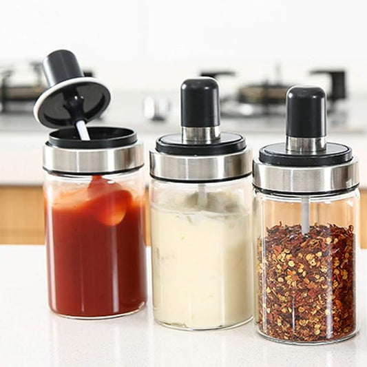 TENTA KITCHEN 3 High Borosilicate Glass Spice Jars Seasonning Box Jar Condiment Jar, Combination Spoon and Lid Design, Premium Commercial Grade, Empty Jars 8.45 oz, Airtight Cap.