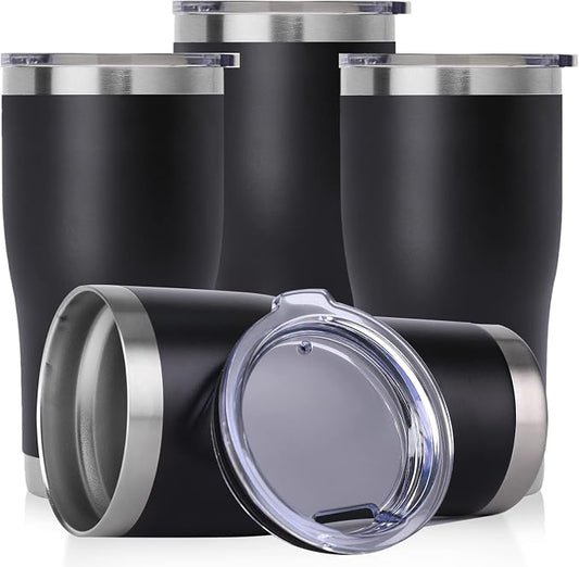 DOMICARE 20oz Tumbler with Lid Stainless Steel Tumblers Bulk, Double Wall Vacuum Insulated Coffee Travel Mug Powder Coated Tumbler, 4 Count (Pack of 1) Black
