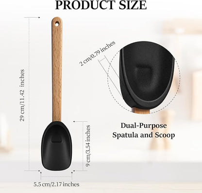 CHENGU 3 Pcs Spoonula Shaped Silicone Spoon with Wooden Handle Holiday Kitchen Utensil Gift Set Black Spoonula Spatula Non-stick Cooking Tools for Mixing Stirring and Baking