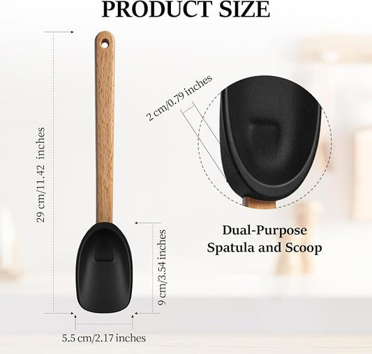 CHENGU 3 Pcs Spoonula Shaped Silicone Spoon with Wooden Handle Holiday Kitchen Utensil Gift Set Black Spoonula Spatula Non-stick Cooking Tools for Mixing Stirring and Baking
