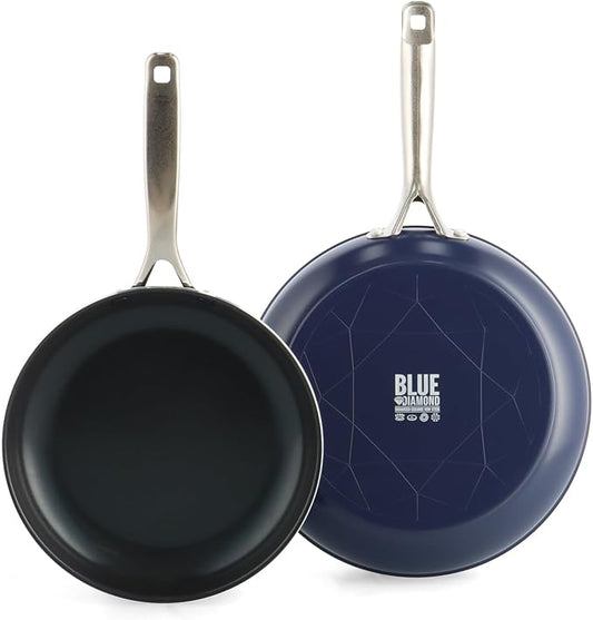 Blue Diamond 9.5” and 11" Frying Pan Skillet Set, Diamond Infused PFAS & PFOA-Free Ceramic Nonstick Pots & Pans, Durable Non Toxic Metal Utensil Safe & Scratch Resistant, Dishwasher & Oven Safe, Blue