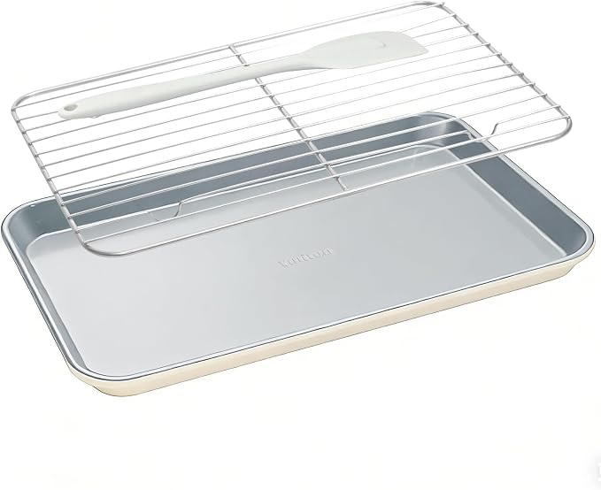 7PCS Ceramic-Coated Baking Sheet Set - 10x15in Jelly Roll Pan Non-Stick Cookie Sheet with Wire Rack, Silicone Spatula & 4 Cookie Cutters, PFAS Free, Oven Safe (550°F), Sunshine Cream