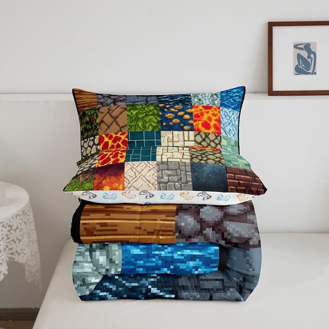 Manfei Video Game Comforter Set -Pixelated Themed Game Comforter Full Size Block Theme Gaming Bedding Set for Kids Women Men Bedroom Decor Fashion Modern Quilt Duvet,3 Pcs with 2 Pillowcase