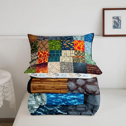 Manfei Video Game Comforter Set -Pixelated Themed Game Comforter Full Size Block Theme Gaming Bedding Set for Kids Women Men Bedroom Decor Fashion Modern Quilt Duvet,3 Pcs with 2 Pillowcase