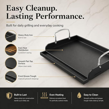 Griddle for Gas Grill, Cast Iron Griddle for Gas Grill & Stove Top, 17"x13" Flat Top Griddle Nonstick Grill Griddle Plate for Charcoal Outdoor Camping Cooking for Blackstone Style Flat Top Grill