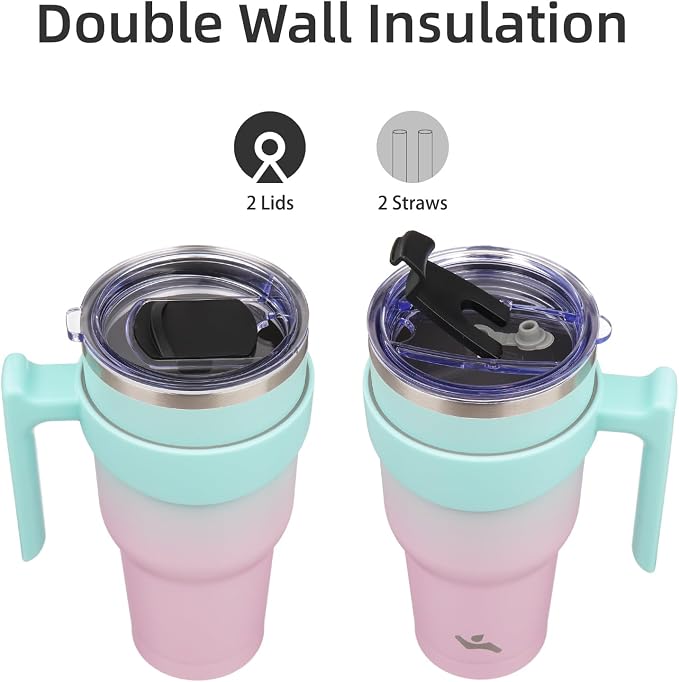 Konokyo 40 oz Tumbler with Handle and 2 Straw 2 Lid, Insulated Water Bottle Stainless Steel Vacuum Cup Reusable Travel Mug,Gum