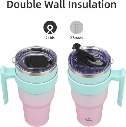 Konokyo 30 oz Tumbler with Handle and 2 Straw 2 Lid, Insulated Water Bottle Stainless Steel Vacuum Cup Reusable Travel Mug,Gum