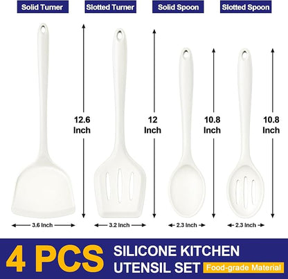 P&P CHEF Kitchen Utensil Set, 4 Pieces Non-stick Silicone Cooking Utensils, Heat-resistant Slotted Solid Spoon Turner for Frying, Mixing, Serving, Non-toxic & Easy to Clean, White