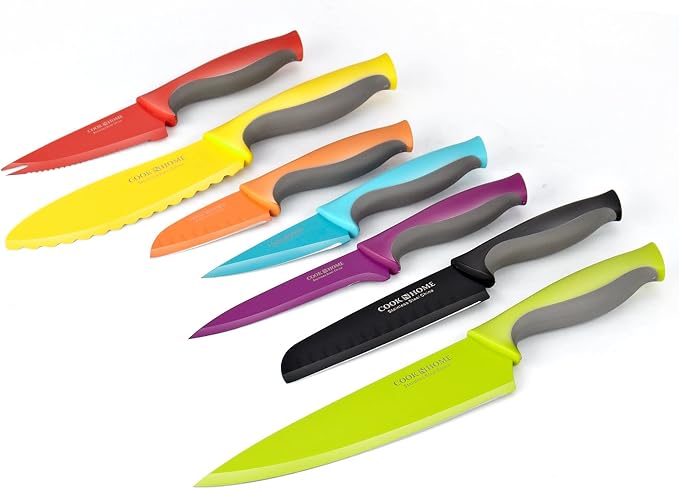 Cook N Home Basics Cutlery Kitchen Knife Set, Coated Carbon Stainless Steel Knife Set with Sheaths, Non-stick Sharp Blades, Multicolor, 14-Piece with Ergonomic Handles