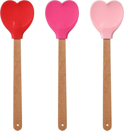 Chengu 3 Pcs Heart Shaped Silicone Spoon with Wooden Handle Valentine Day Kitchen Utensil Gift Set Red Pink Hot Heart Spatula Non-stick Cooking Tools for Mixing Stirring and Baking