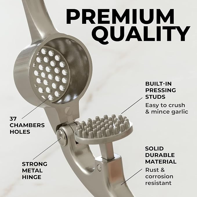 Garlic Press with Peeler and Brush | Easy Garlic Crusher | Dishwasher Safe | Zinc | Comfortable Handle