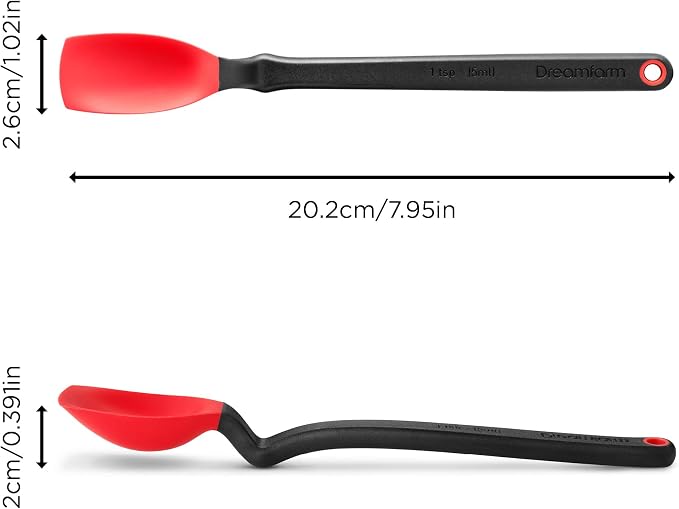 Dreamfarm Mini Supoon Non-Stick Sit-Up Silicone Scraping Cooking Spoon, Jar Scraper Measures 5ml Tsp - 8" Red