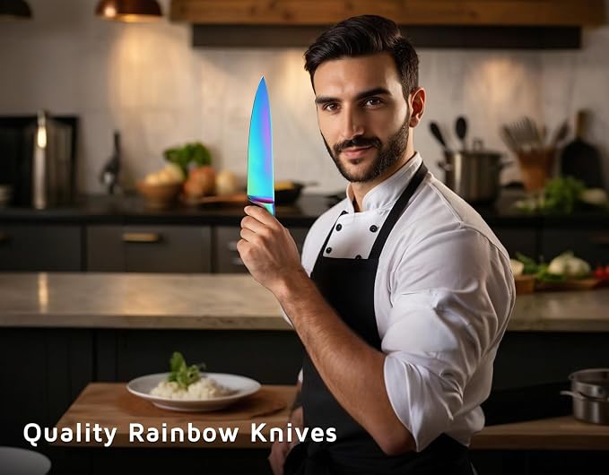 WELLSTAR Chef Knife 8 Inch, Razor Sharp German Steel Blade and Comfortable Finger Guard Handle with Rainbow Titanium Coated for Kitchen Meat Sushi Vegetable Fruit Cutting Slicing Dicing, Gift Box