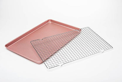 David Burke 17x11 Cookie Sheet with Chrome Cooling Rack – Carbon Steel, PFTE & PFOA Free, Oven Safe, Non-Toxic, Perfect for Baking and Roasting – Rose Gold