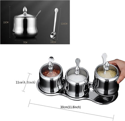 Tenta Tenta Kitchen 18/8 Stainless Steel Seasoning Box Condiment Jar Set Spice Jar Spice Rack Condiment Cruet Bottle Salt Pepper Sugar Storage Organizers with 3 Serving Spoons (Glass Lids)
