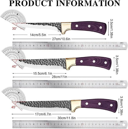 Premium 3-Piece Kitchen Knife Set with Leather Sheaths, High Carbon Steel Forged Boning/Carving/Utility Knives, Sharp Meat Cleaver & Butcher Knives for Kitchen, BBQ & Food Prep, Purple Wood Handle