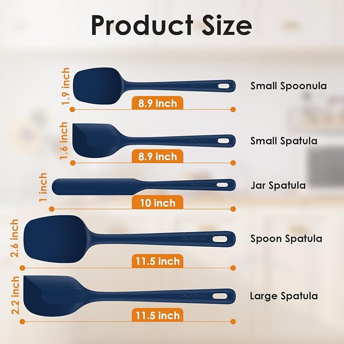 5-Piece Silicone Spatula Set for Baking, 446°F Heat Resistant Non-Stick Cooking Utensils, BPA-Free Food Grade Silicone Scrapers, Non-Scratch Flexible & Dishwasher Safe, Classic Blue