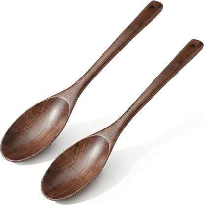 12 Inch Wooden Cooking Spoons, Long Handle Wooden Spoons, Heat Resistant, Large Wood Spoon for Cooking Serving Mixing Salads and Nonstick Cookware (2 PCS)