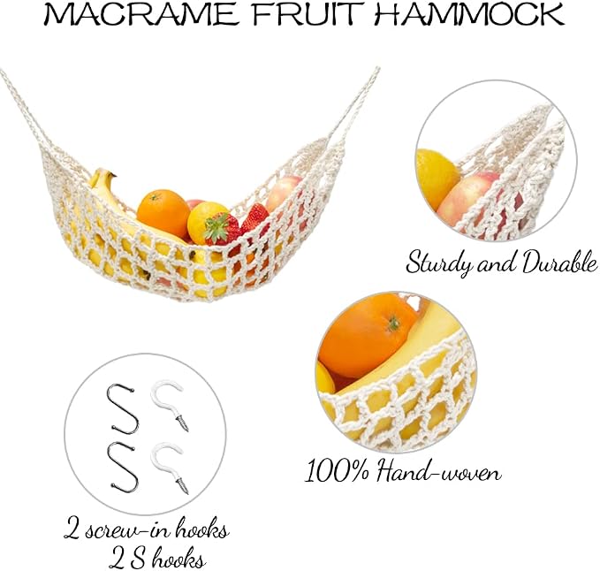 Fruit Hammock for Kitchen Under Cabinet Fruit Basket Hanging Handwoven Cotton Macrame Basket Boho Decor Storage Save Counter Space for Home Camper RV (Off-white)