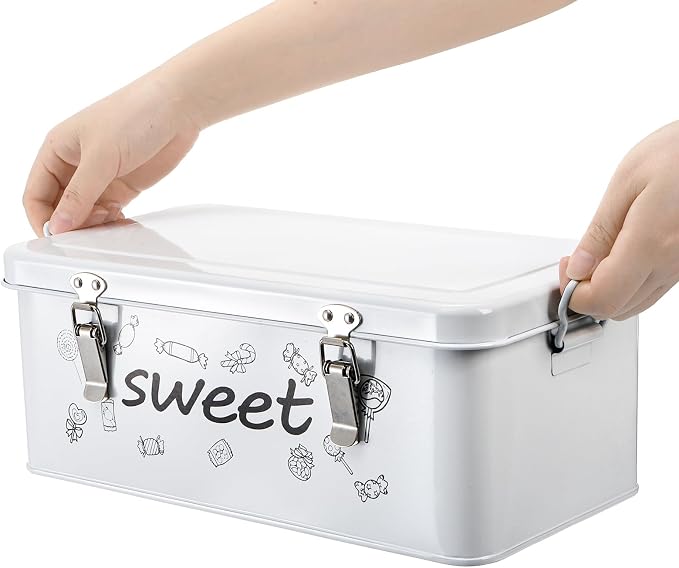 Frcctre Candy Storage Box, 4 Compartments Metal Candy Cookies Snacks Storage Tin Box with Lid Food Storage Container Farmhouse Kitchen Pantry Canister with Handle and Safety Lock