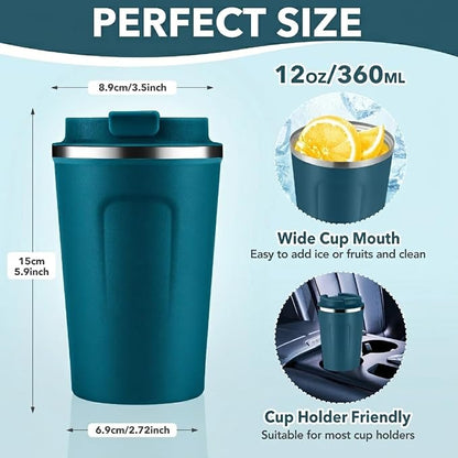 Volhoply 12 oz Double Wall Insulated Vacuum Travel Coffee Mugs with Flip Lid Bulk 2 Pack,Reusable Stainless Steel Leak Proof Coffee Cup,Portable Cafe Thermal Tumbler for Hot & Cold Drinks(Bule,2 Set)