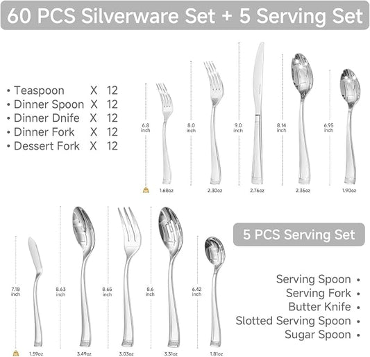 KINGSTONE Silverware Set, 65-Piece Flatware Set for 12, 18/10 Stainless Steel Cutlery Set with Bead Edge, Utensil for Kitchen, Home, Party, Wedding, Mirror Polished, Dishwasher Safe, Featured Gifts